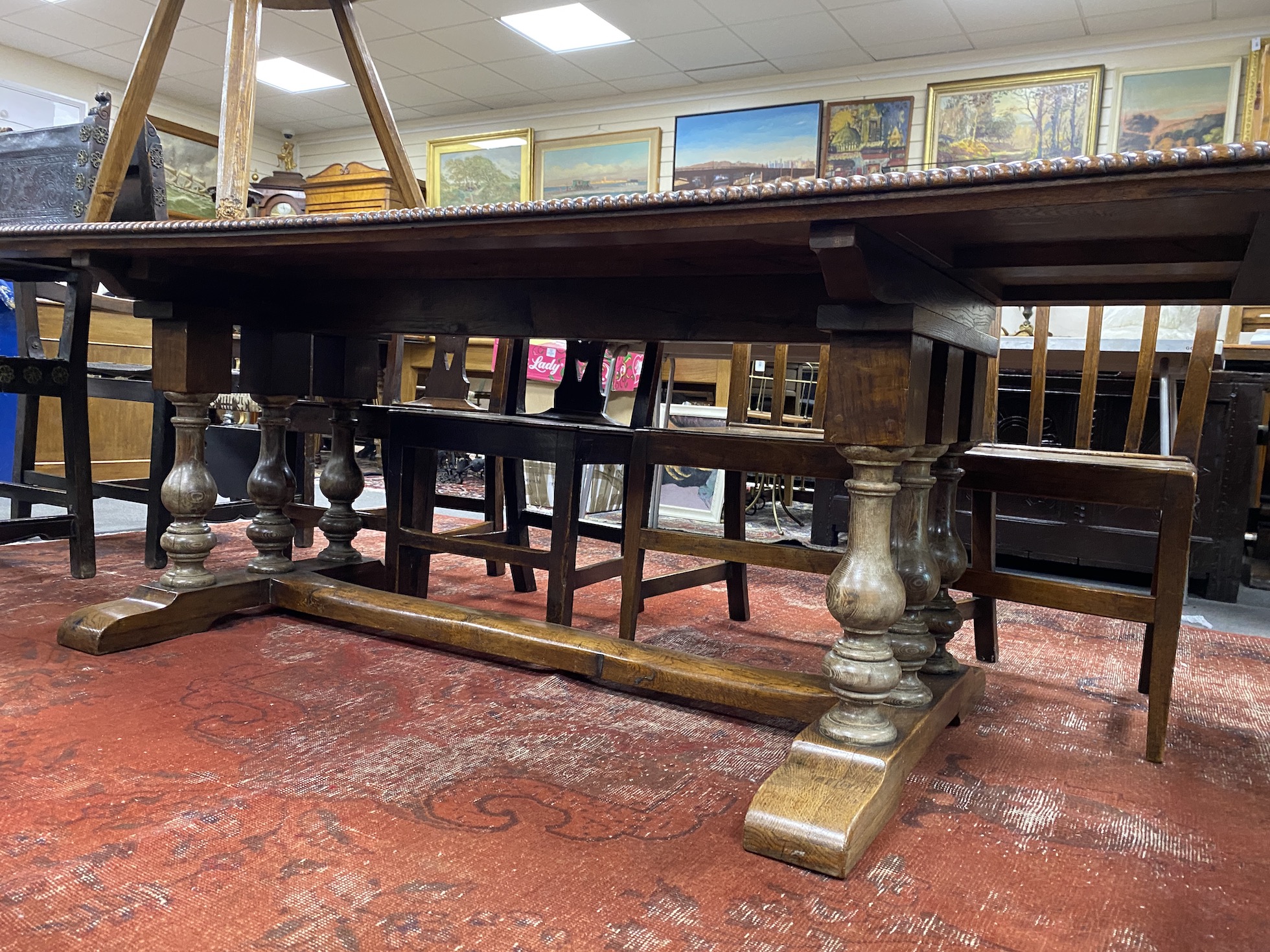 A refectory type dining table (composed of earlier timbers), length 230cm, width 92cm, height 74cm